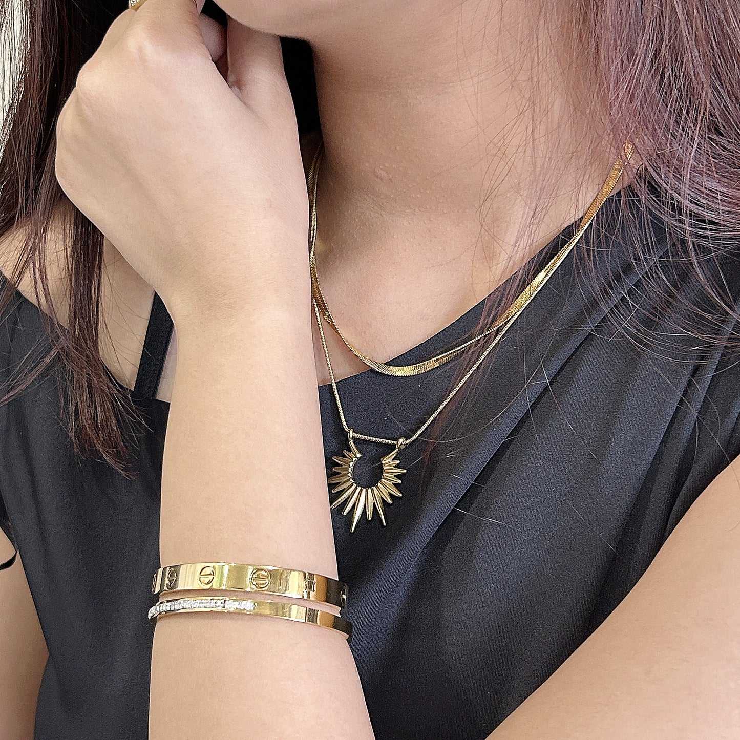 SUN DUAL SNAKE CHAIN NECKLACE 18K GOLD PLATED